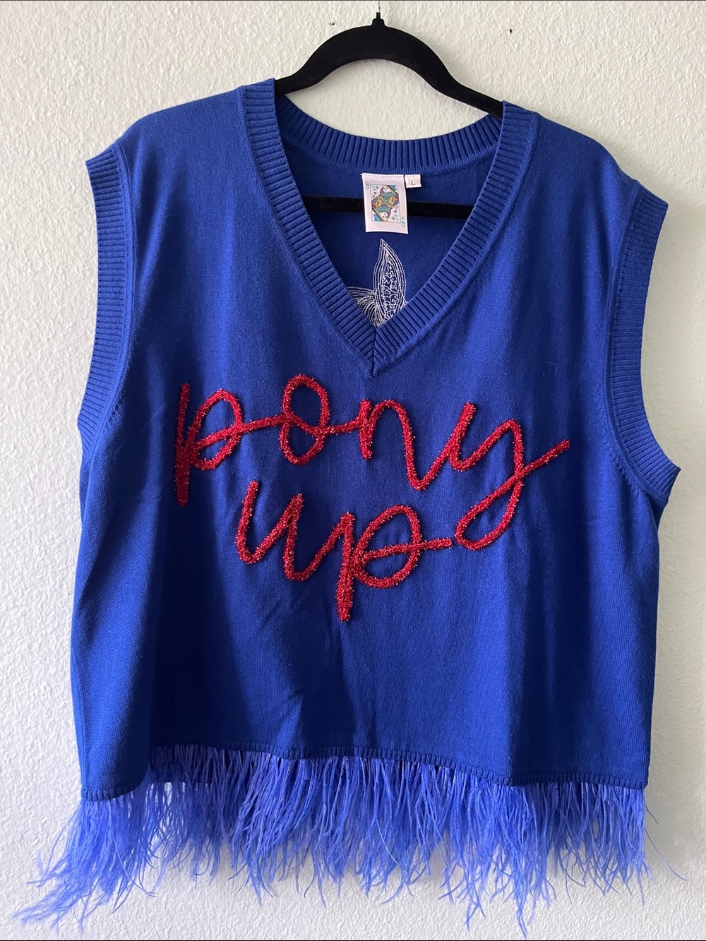 Queen of Sparkles Royal Blue Pony Up V-Neck Feather Trim Sweater Vest